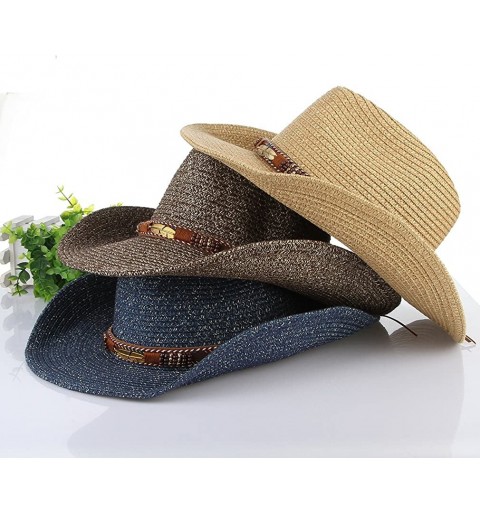 Cowboy Hats Western Outback Straw Cowboy Hat for Men Women PU Leather Band Cowgirl Roll Up Wide Brim Hat - Navy - CY18QGDKS26...