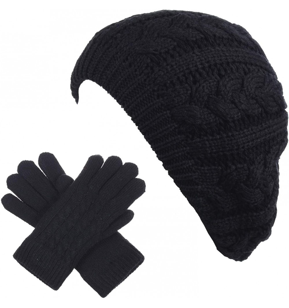 Berets Womens Winter Cozy Cable Fleece Lined Knit Beret Beanie Hat (Set Available) - Black Cable Hat Gloves Set - CX18UZUXUQT...