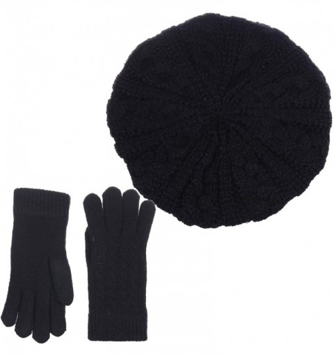 Berets Womens Winter Cozy Cable Fleece Lined Knit Beret Beanie Hat (Set Available) - Black Cable Hat Gloves Set - CX18UZUXUQT...