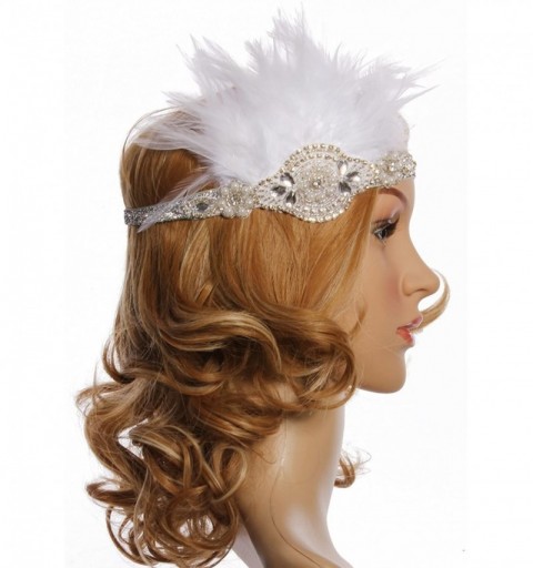 Headbands Black Beaded Flapper Headband Inspired Great Gatsby 1920s Headpiece Accessories Feather Vintage - White - C312J0LQO...