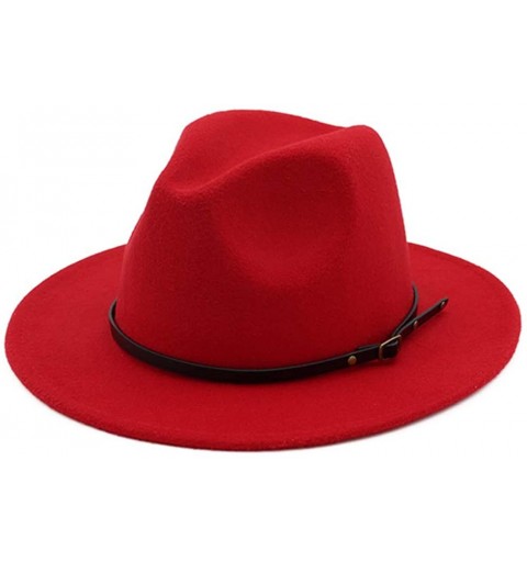 Fedoras Women's Classic Wide Brim Wool Fedora Panama Hat with Belt Buckle - Red - CZ18I8IODY6 $14.78