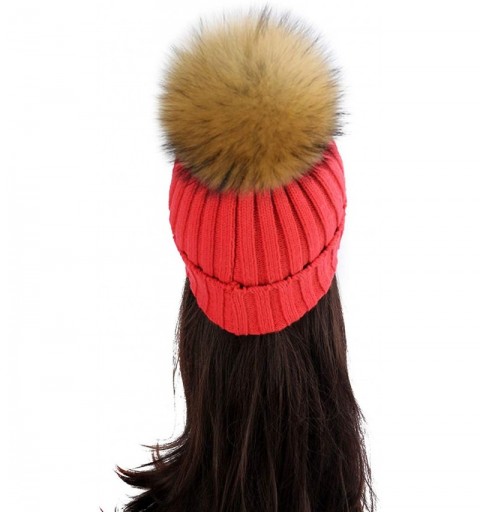 Skullies & Beanies Women Cable Knit Beanie Raccoon Fur Fuzzy Pompom Chunky Winter Stretch Skull Cap Cuff Hat - 30red - C518WO...