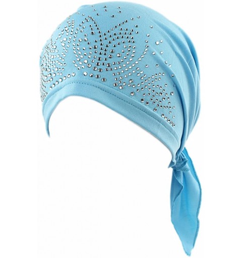 Skullies & Beanies Women Turban Crystal Flower Hijab India Hat Muslim Headscarf - Light Blue - C618CRYKGEN $10.19