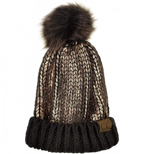 Skullies & Beanies Women's Faux Fur Pom Shiny Metallic Finished Knit Beanie Hat - Brown/Gold - CE18IQECX8W $19.51