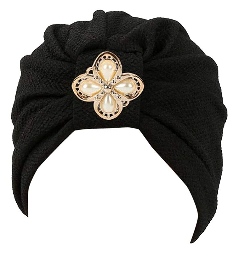 Skullies & Beanies Women Solid Rhinestone Pre Tied Cancer Chemo Hat Beanie Turban Stretch Head Wrap Cap - Black - C9185UYHGSW...