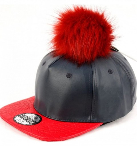 Baseball Caps Faux Leather Fur Pom Pom Baseball Cap Strap Back - Navy/Red - CW129S7ZMOV $17.28