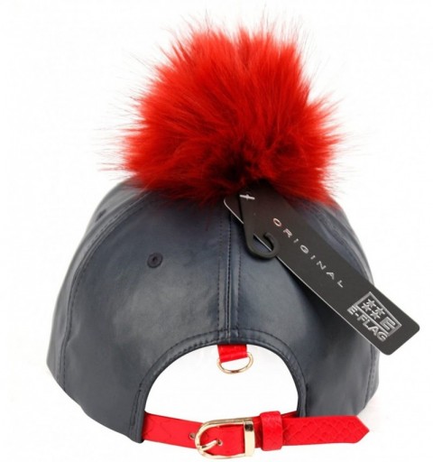 Baseball Caps Faux Leather Fur Pom Pom Baseball Cap Strap Back - Navy/Red - CW129S7ZMOV $17.28