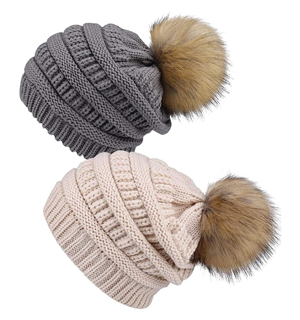 Skullies & Beanies Slouchy Winter Knit Beanie Cap Chunky Faux Fur Pom Pom Hat Bobble Ski Cap - W-light Grey/Beige 01 2pcs - C...
