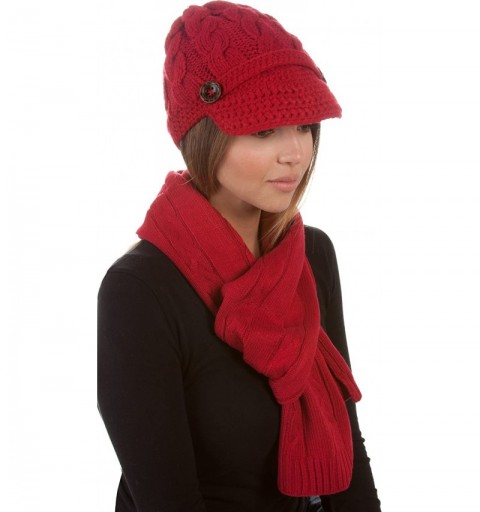 Skullies & Beanies Womens 2-piece Cable Knitted Visor Beanie Scarf and Hat Set with Button - Red - C4117BB6GI3 $18.38