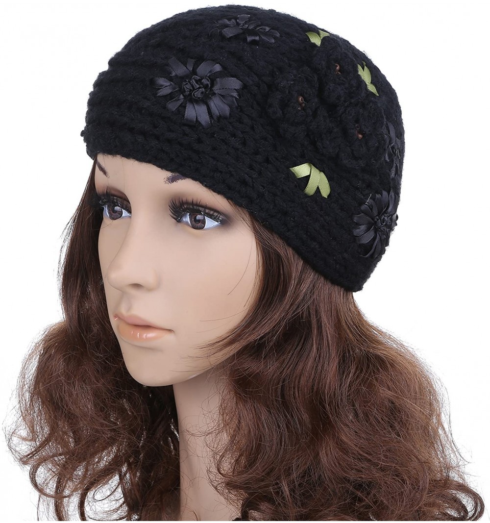 Headbands Women's Crochet Knitted Winter Headband with 3D Faux Pearl Flowers 1 - Black - CM1878QNS57 $8.10