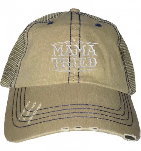Baseball Caps Adult Mama Tried Embroidered Distressed Trucker Cap - Khaki/ Navy - C0180R30H9X $25.25
