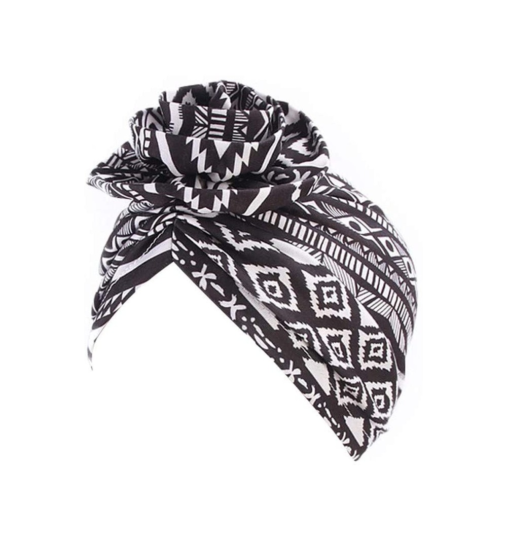 Skullies & Beanies Newest Beautiful Women India Muslim Stretch Turban Hat Retro Print Hair Loss Head Scarf Wrap (Black) - Bla...
