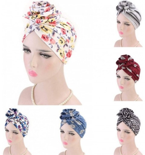 Skullies & Beanies Newest Beautiful Women India Muslim Stretch Turban Hat Retro Print Hair Loss Head Scarf Wrap (Black) - Bla...