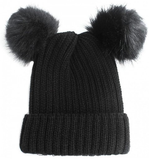 Skullies & Beanies Double Faux Fur Pom Pom Cable Knit Cuff Beanie Hat - Black - CE12N0KUWM1 $8.74