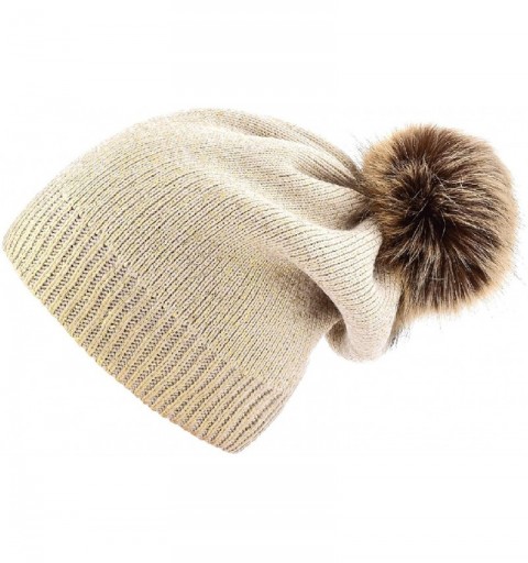 Skullies & Beanies Women Winter Warm Knit Thick Skull Hat Cap Pom Pom Shiny Slouchy Beanie Hats - Beanie Creamy White-gold - ...