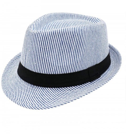 Fedoras Unisex Cotton Pinstripe Stingy Short Brim Fedora Hat Gangster Cuban Style Cap Spring Summer - Blue - C718NASET5Y $20.13