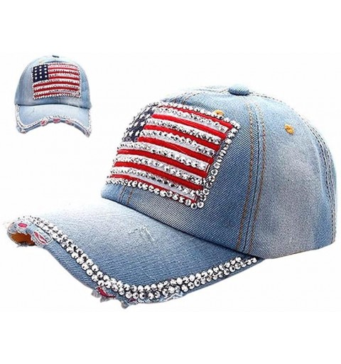 Baseball Caps USA Bling Baseball Cap- Sparkle Rhinestone American Flag Hat- Adjustable Size - Light Denim - CT183A42N4K $17.15