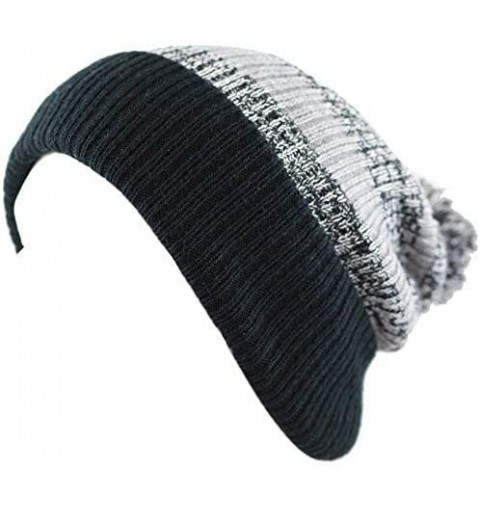 Skullies & Beanies Winter Striped Cuffed Pom Pom Knit Soft Thick Beanie Skully Hat - Black-grey - CX12NQXPTKD $11.53