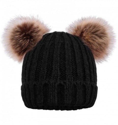 Skullies & Beanies Women's Winter Knitted Faux Fur Double Pom Pom Beanie Hat w/Lush Lining - Black Hat Coffee Ball - CE18KWRO...