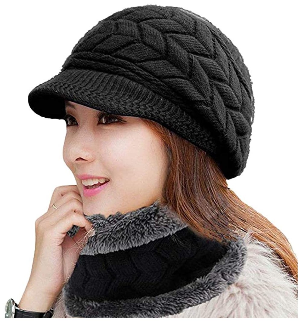Visors Womens Winter Warm Knitted Hats Slouchy Wool Beanie Hat Cap with Visor - Black - CP18N8HMS0G $11.67