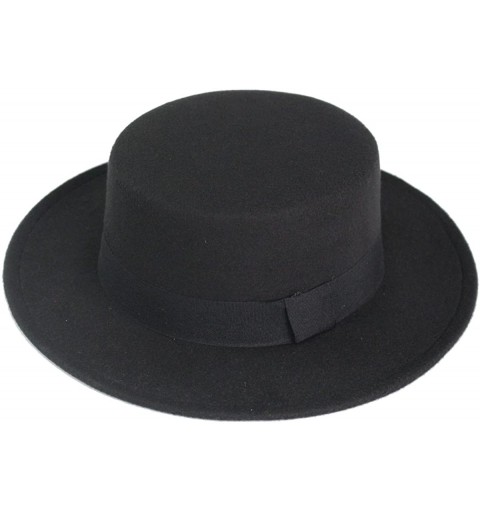Fedoras Women's Brim Fedora Wool Flat Top Hat Church Derby Bowknot Cap - Black - CT120R4EI2V $19.10