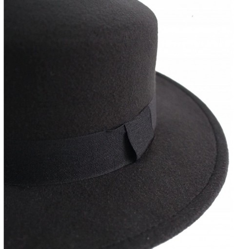 Fedoras Women's Brim Fedora Wool Flat Top Hat Church Derby Bowknot Cap - Black - CT120R4EI2V $19.10