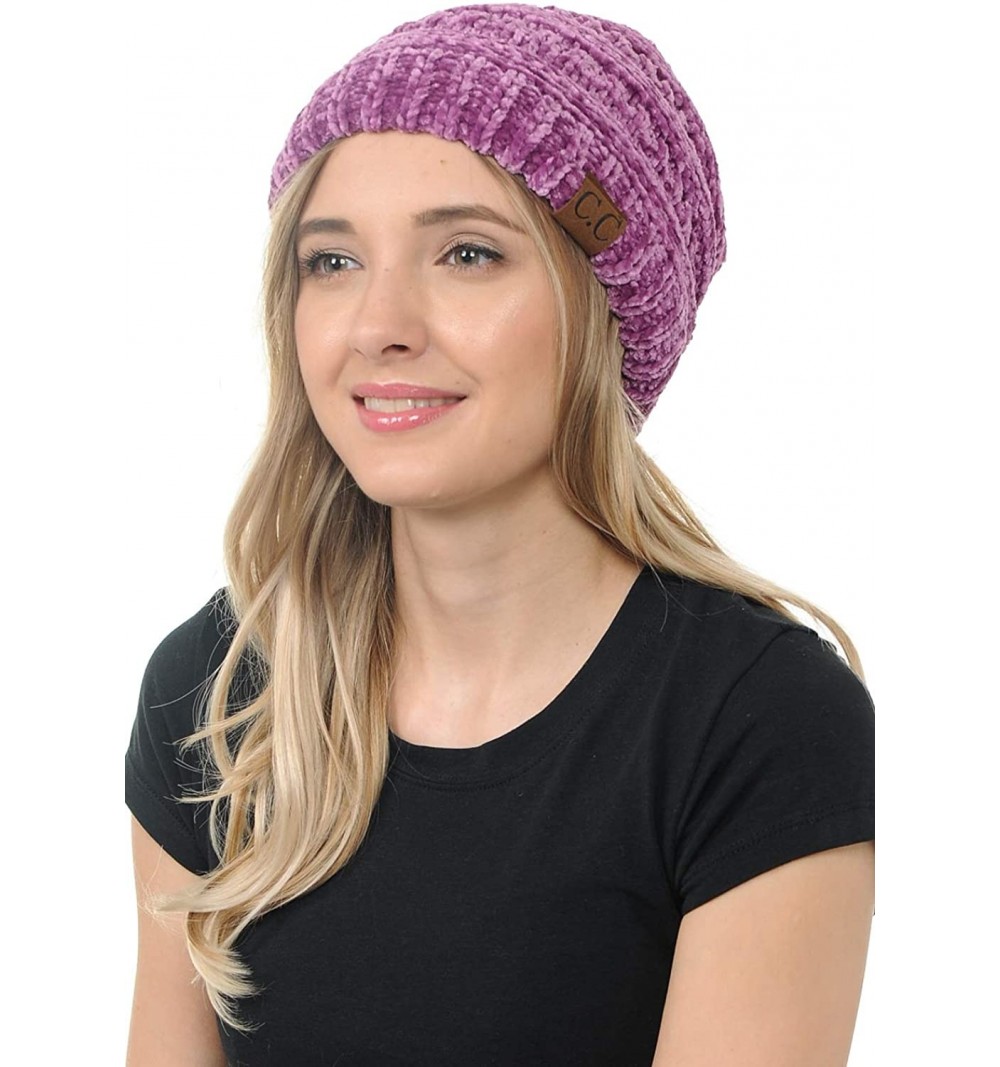 Skullies & Beanies Warm Soft Cable Knit Skull Cap Slouchy Beanie Winter Hat (Chenille Lavender) - CE18HR4245T $9.51