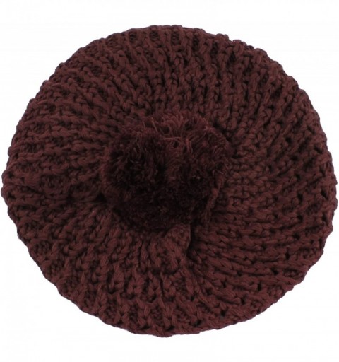 Skullies & Beanies Thick Crochet Knit Pom Pom Beret Winter Ski Hat - Dark Burgundy - CO11QCV3PMD $8.05