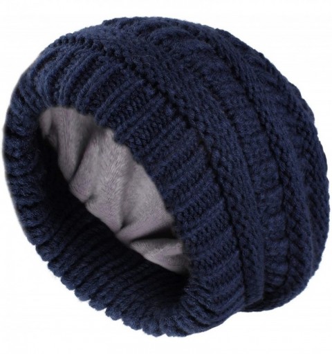 Skullies & Beanies Winter Beanie Hats for Women Cable Knit Fleece Lining Warm Hats Slouchy Thick Skull Cap - Navy - CV18Y6T3L...