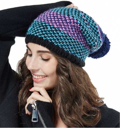 Skullies & Beanies Pom Pom Slouchy Beanie-Winter Mix Knit Ski Cap Skull Hat for Women & Men - Mix Knit Navy - C8186HIZMC8 $12.11
