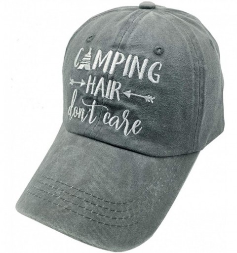 Baseball Caps Women's Embroidered Camping Hair Don't Care Vintage Washed Dyed Dad Hat - Grey - CI18GAKUAGT $10.06