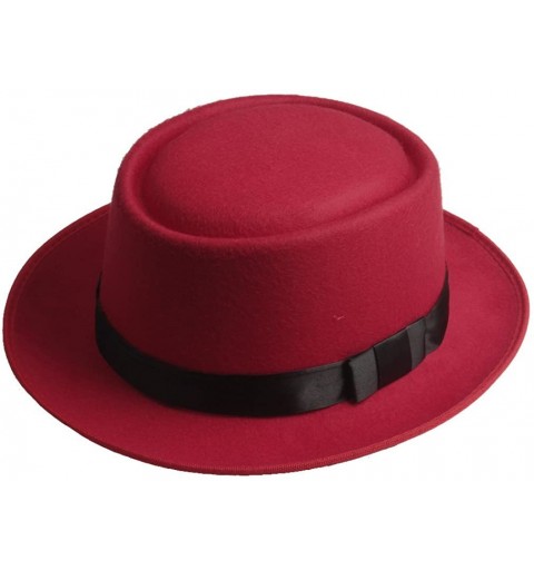 Fedoras Unisex Felt Pork Pie Cap Porkpie Hat Upturn Short Brim Black Ribbon Band - Red - CQ183999ESW $8.92