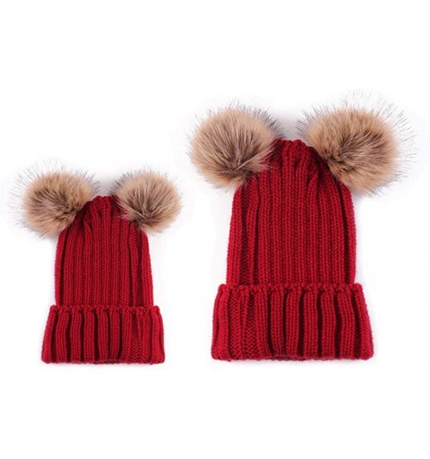 Skullies & Beanies Parent-Child Matchy Hat Winter Mom Baby Double Pompom Faux Fur Beanie Ski Cap - Wine Red - CB18L8NHQ6H $20.80