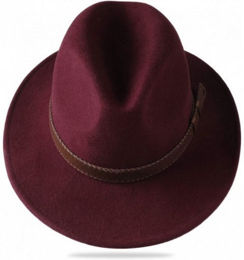 Fedoras 100% Wool Wide Brim Fedora Panama Hat with Belt Buckle Fedora Hats for Men Women - Winered - C118UM8YK7N $27.78
