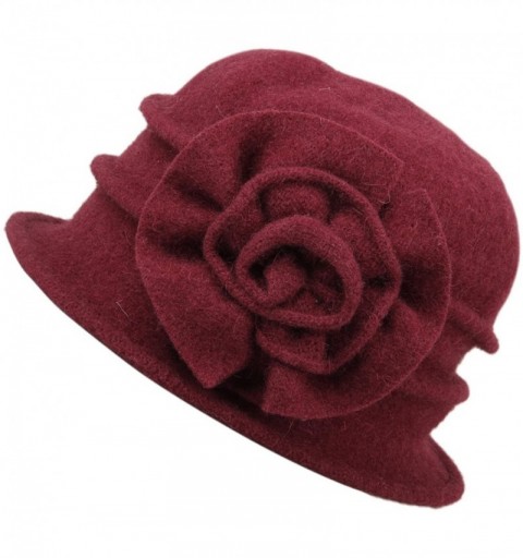 Bucket Hats Womens Winter Warm Wool Cloche Bucket Hat Slouch Wrinkled Beanie Cap with Flower - Wine Red - CC12M4QU23J $13.91