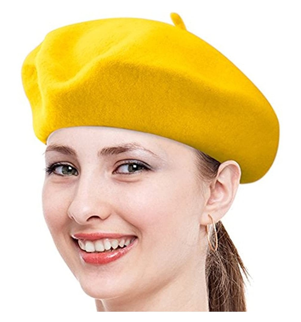 Berets Women Ladies Solid Painters Color Classic French Fashion Wool Bowler Beret Hat - Yellow - CJ12NA6VRNZ $7.85