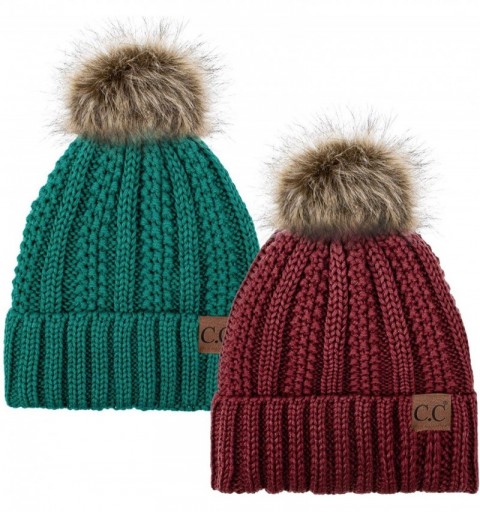 Skullies & Beanies Thick Cable Knit Hat Faux Fur Pom Fleece Lined Cap Cuff Beanie 2 Pack - Burgundy/Sea Green - CY1924AYKDI $...