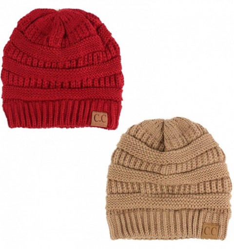 Skullies & Beanies Fleeced Fuzzy Lined Unisex Chunky Thick Warm Stretchy Beanie Hat Cap - Burgundy/Taupe 2 Pack Combo - C0192...