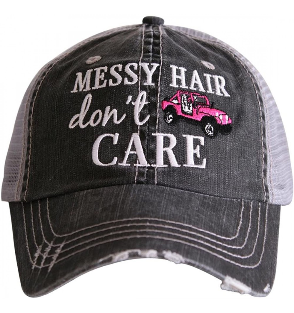 Baseball Caps Messy Hair Don't Care Women's Distressed Grey Trucker Hat - Hot Pink - CL188KG3O3N $26.71