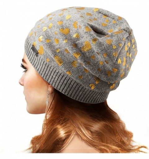 Skullies & Beanies Womens Beanie Printed Slouchy Wool - Beany for Women Knit Hats Caps Soft Warm - Grey-golden Heart - CH187R...
