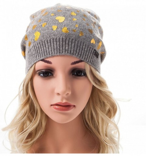 Skullies & Beanies Womens Beanie Printed Slouchy Wool - Beany for Women Knit Hats Caps Soft Warm - Grey-golden Heart - CH187R...