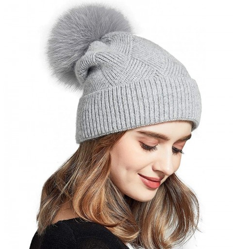 Skullies & Beanies Womens Knit Winter Beanie Hat Fur Pom Pom Cuff Warm Beanies Bobble Ski Cap - Grey+ Grey Fox Pom Pom - CF18...