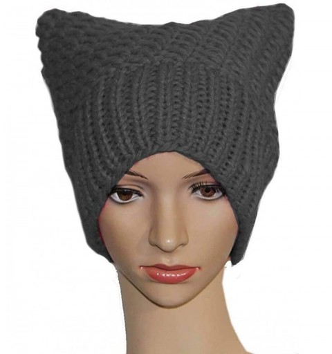 Skullies & Beanies 100% Handmade Knitted Pussy Cat Hat for Women's March Winter Warm Beanie Cap - Dark Grey - C118L6M6HZX $10.68