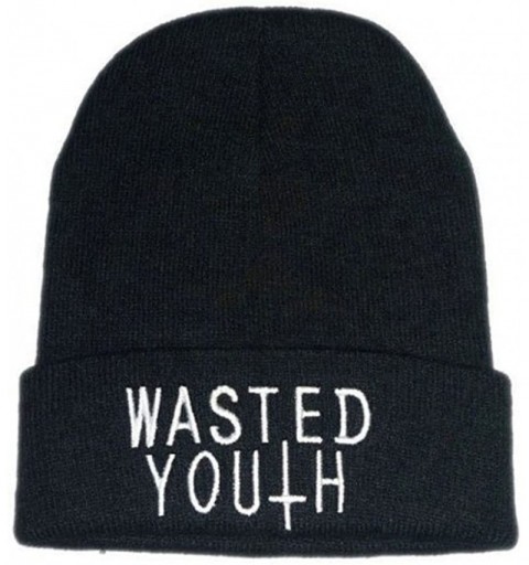 Skullies & Beanies Okstar Wasted Youth Beanie Black Hat Hiphop Knit Beanie Unsex Winter Hat - C411KFZXPUJ $11.14