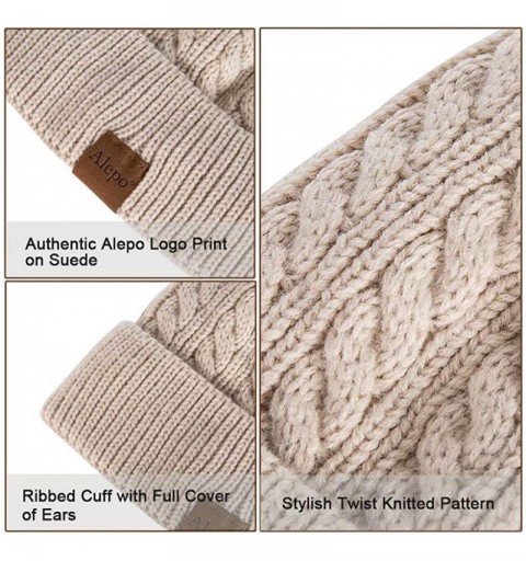 Skullies & Beanies Womens Winter Beanie Hat- Warm Fleece Lined Knitted Soft Ski Cuff Cap with Pom Pom - Light Khaki - C318A2L...