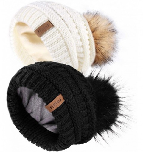 Skullies & Beanies Winter Slouchy Beanie Hats Women Fleece Lined Warm Ski Knitted Pom Pom Hat - 31-black Beige - CS18YU50CT6 ...