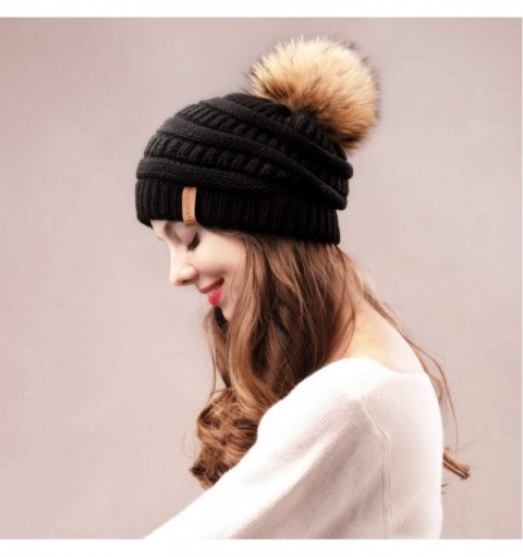 Skullies & Beanies Winter Slouchy Beanie Hats Women Fleece Lined Warm Ski Knitted Pom Pom Hat - 31-black Beige - CS18YU50CT6 ...