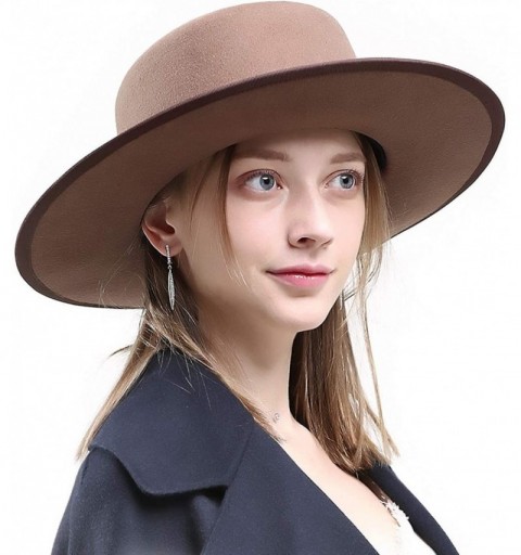 Fedoras Women's Felt Fedora Hats- 100% Merino Wool Stiff Wide Brim Girl Cowboy Hat - Brown - C218XE8S3A6 $35.84