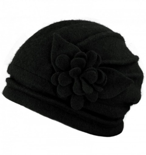 Bucket Hats Women's Elegant Flower Wool Cloche Bucket Slouch Hat - Black - C211Q6GMWYL $29.69