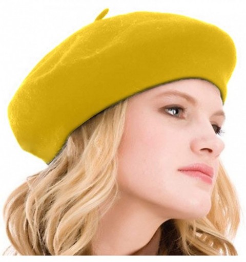 Berets Womens Beret 100% Wool French Beret Solid Color Beanie Cap Hat - Yellow - CH18I3D4C4G $7.52